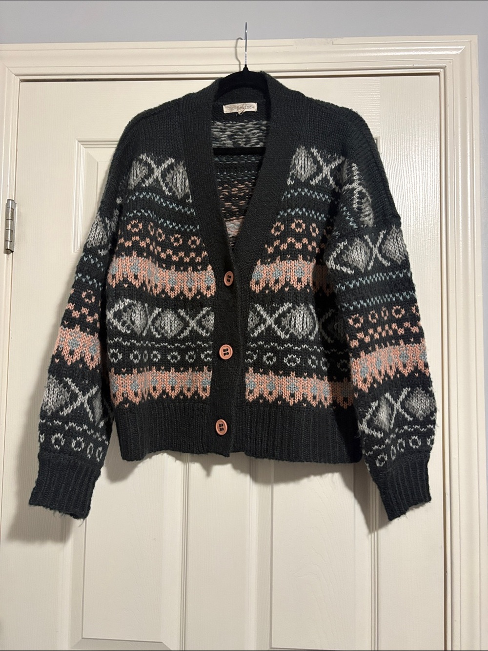 Rewind Charcoal Button-Front Fair Isle Cardigan with Pink and Gray Accents